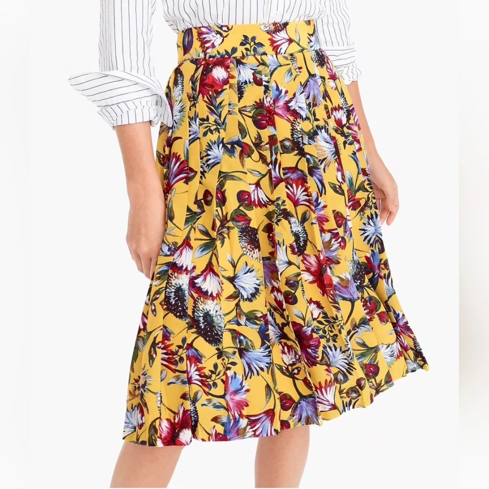 J. Crew Silk Floral Pleated Swing Skirt Size 2 Yellow Midi Length